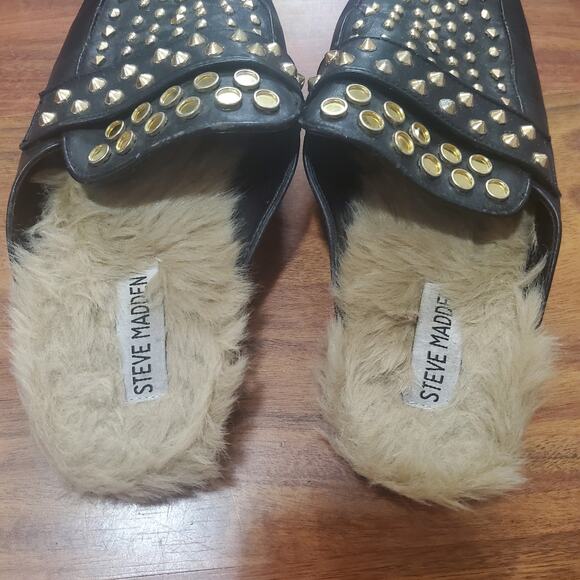 Steve Madden Jordan Studded Black Fur Lined Mule Flats Women's Size 8 Leather - Picture 3 of 16